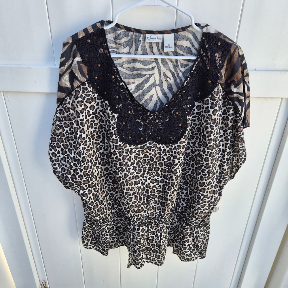 NWT‎ Kim Rogers Animal Print Blouse w/ Crochet Trim Sz 2XL